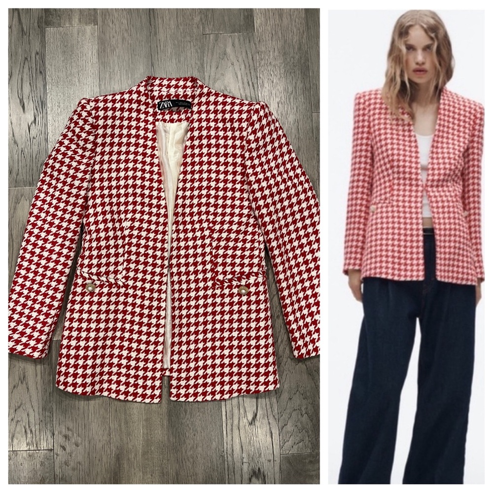 ZARA Red & Cream Collarless Long Sleeve Textured Houndstooth Blazer Size L